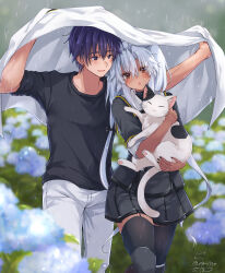 1boy 1girl admiral_(kancolle) animal animal_ear_fluff black_bow black_hair black_nails black_shirt black_skirt black_thighhighs blurry blurry_background bow brown_eyes cat dark-skinned_female dark_skin dated hair_bow highres holding holding_animal holding_cat jacket jewelry kantai_collection mashiro_yukiya military_uniform musashi_(kancolle) naval_uniform open_mouth pants pleated_skirt rain ring shirt signature skirt thighhighs unworn_jacket wedding_ring white_hair white_jacket white_pants