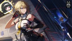 1girl 2boys against_wall arm_strap artist_request bare_shoulders black_choker black_gloves black_pants blonde_hair braid breasts chest_harness choker dutch_angle elbow_gloves evelyn_chevalier film_grain gloves gun handgun harness high-waist_pants highres large_breasts multiple_boys necktie night official_art pants purple_eyes shirt short_hair single_elbow_glove sleeveless sleeveless_shirt string tight_clothes tight_pants uneven_bangs weapon white_shirt wire yellow_necktie zenless_zone_zero