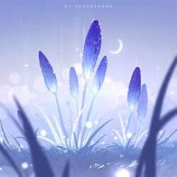 artist_name blurry bokeh crescent_moon depth_of_field english_text flower grass huhv. moon night no_humans original outdoors plant rain scenery sky