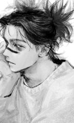 1boy bags_under_eyes black_hair choso_(jujutsu_kaisen) exhausted expressionless facial_tattoo grey_sweater greyscale hand_on_own_cheek hand_on_own_face hand_rest hand_up jujutsu_kaisen long_hair looking_at_viewer male_focus monochrome n9c4z parted_lips simple_background sketch solo sweater tattoo twintails white_background