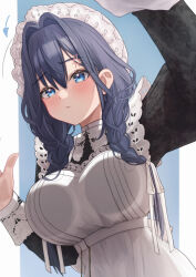 1girl anger_vein apron arm_up black_dress blue_eyes blue_hair braid breast_press breasts closed_mouth commentary dress embroidery english_commentary fanged_bangs frilled_apron frilled_hat frills hair_between_eyes hair_intakes hair_over_shoulder hat highres hololive hololive_english juliet_sleeves large_breasts long_hair long_sleeves low_twin_braids maid maid_apron mob_cap mofu07519 official_alternate_costume official_alternate_hairstyle ouro_kronii ouro_kronii_(maid) puffy_sleeves puritan_collar solo twin_braids upper_body victorian_maid white_apron white_hat wiping