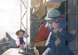Rule 34 | 2girls, :d, absurdres, blonde hair, blue dress, blue hair, blue hat, brown hat, cable, closed eyes, collared dress, dress, hair ribbon, hand up, hat, highres, hisou tensoku, holding, holding wrench, jewelry, kawashiro nitori, key, key necklace, long sleeves, looking at another, mecha, moriya suwako, mountain, multiple girls, necklace, no noru, open mouth, pleated skirt, puffy sleeves, railing, ribbon, robot, sandals, short hair, sidelocks, skirt, smile, thighhighs, touhou, two side up, vest, white thighhighs, wide sleeves, wrench