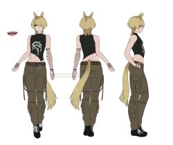Rule 34 | 1boy, androgynous, animal ears, asymmetrical gloves, belt, blonde hair, brown eyes, brown pants, cargo pants, closed mouth, commission, fishnet gloves, fishnets, from behind, from side, full body, gloves, hair over one eye, highres, horse boy, horse ears, horse tail, male focus, mokotoko9, multiple views, navel, original, pants, reference sheet, sharp teeth, shirt, short hair, simple background, sleeveless, sleeveless shirt, studded belt, tail, teeth, trap, white background