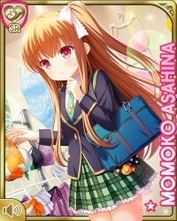 1girl asahina_momoko badge bag black_thighhighs blazer blue_jacket bow brown_hair button_badge card_(medium) character_name closed_mouth day girlfriend_(kari) green_skirt hair_bow hair_ribbon indoors instrument jacket necktie official_art one_side_up piano plaid_clothes plaid_skirt polka_dot polka_dot_bow qp:flapper red_eyes ribbon school_uniform shopping side_ponytail skirt solo standing swimsuit thighhighs
