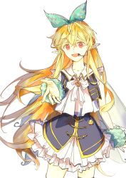 Rule 34 | 1girl, :d, akaho az, beckoning, blonde hair, bow, commentary, cowboy shot, english commentary, fairy wings, hair between eyes, hair bow, headset, highres, long hair, looking at viewer, nijisanji, nijisanji en, nijisanji idol uniform, open mouth, outstretched hand, pointy ears, pomu rainpuff, reaching, reaching towards viewer, red eyes, simple background, smile, solo, very long hair, virtual youtuber, white background, wings