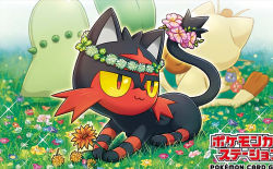 :3 animal_focus cat chikorita closed_mouth copyright_name creature creatures_(company) flower full_body game_freak gen_1_pokemon gen_2_pokemon gen_7_pokemon grass happy kirisaki_(gin16k) litten lying meowth nintendo no_humans official_art on_stomach pokemon pokemon_(creature) pokemon_tcg sitting third-party_source yellow_eyes
