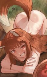1girl animal_ears apple ass boosty_username breasts brown_hair clenched_teeth completely_nude food fruit grass grin highres holo long_hair looking_at_viewer nude patreon_username red_eyes small_breasts smile solo spice_and_wolf tail teeth wersman wolf_ears wolf_girl wolf_tail