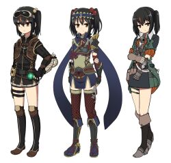 Rule 34 | 1girl, alternate costume, armed crossbow, bamiko (nanju bami), black hair, brown eyes, brown hair, gloves, green jacket, highres, holster, jacket, monster hunter (series), multicolored hair, nanju bami, original, shirt, simple background, solo, thigh holster, thighs, twintails, two-tone hair, white background, white shirt