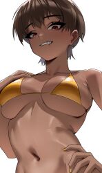 1girl bikini breasts brown_hair collarbone dark-skinned_female dark_skin gold_bikini hand_on_own_hip highres looking_at_viewer nail_polish navel original rakuga_kiya red_eyes short_hair simple_background solo swimsuit white_background