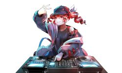1girl alternate_costume baseball_cap dj drill_hair hair_ribbon hat highres jacket kasane_teto mp777b red_eyes red_hair red_nails ribbon synthesizer_v tank_top twin_drills utau v