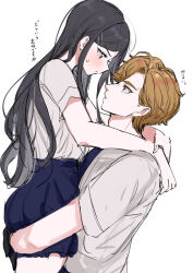 1boy 1girl black_hair blue_skirt blush brown_hair commentary_request eye_contact hetero highres hug kasasagi_(futagodori888) lifting_person long_hair looking_at_another original pleated_skirt profile shirt simple_background skirt straight_hair sweatdrop translation_request very_long_hair white_background white_shirt