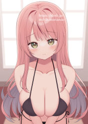 1girl bikini black_bikini blunt_bangs blush breasts cleavage closed_mouth collarbone commission frown furrowed_brow green_eyes groin halterneck highres indoors large_breasts long_hair looking_at_viewer original pink_hair side-tie_bikini_bottom swimsuit uramakaron v_arms