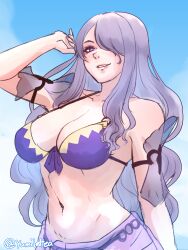 1girl absurdres bare_shoulders bikini blue_sky breasts camilla_(fire_emblem) camilla_(tropical_beauty)_(fire_emblem) cleavage commentary english_commentary fire_emblem fire_emblem_fates fire_emblem_heroes hair_over_one_eye highres large_breasts long_hair looking_at_viewer navel nintendo official_alternate_costume parted_lips purple_bikini purple_eyes purple_hair sky smile solo swimsuit twitter_username yumikari07