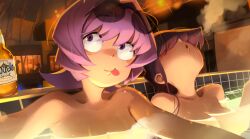 1boy 1other 2girls alcohol beer breasts highres khyle. komi-san_wa_komyushou_desu komi_shouko komi_shuuko medium_breasts mother_and_daughter multiple_girls nude onsen osana_najimi_(komi-san_wa_komyushou_desu) steam sunglasses tadano_hitohito tongue