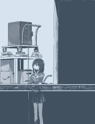 1girl amazon_(company) blazer blue_theme book book_stack box cardboard_box closed_mouth collared_shirt cross-section crossed_arms empty_eyes expressionless hamsterfragment industrial_pipe jacket jaggy_lines long_sleeves medium_hair monochrome no_pupils original pleated_skirt pushcart safe_(container) school_uniform shirt skirt solo string suicidal_girl_(hamsterfragment) table through_ground wheel