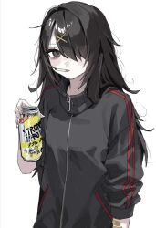 1girl ame-chan_(needy_girl_overdose) arm_up bags_under_eyes bandaid bandaid_on_arm black_eyes black_hair black_track_suit can cigarette drink drink_can hair_ornament hair_over_one_eye highres holding holding_drink looking_at_viewer m_psycho_83 messy_hair needy_girl_overdose sleeves_rolled_up smoking solo track_suit upper_body white_background x_hair_ornament