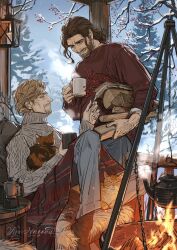 Rule 34 | 2boys, absurdres, animal, arm hair, beard, berry, brown hair, calico (pattern), cat, connected beard, facial hair, fingernails, grey sweater, grin, highres, holding, holding animal, holding cat, kettle, lantern, long sleeves, male focus, multiple boys, nyeigneous, orange cat, original, outdoors, pine tree, railing, red sweater, short hair, signature, sitting, smile, smoke, snow, sweater, table, tree, turtleneck, turtleneck sweater, winter