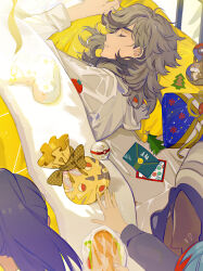 1boy 2girls arven_(pokemon) bag black_hair box brown_hair christmas closed_eyes commentary envelope flying_sweatdrops food gift gift_box highres long_hair lying multicolored_hair multiple_girls nemona_(pokemon) nintendo on_side parted_lips penny_(pokemon) pillow poke_ball pokemon pokemon_sv ponytail premier_ball red_hair sandwich shirt sleeping suou_(sdurorhr) two-tone_hair under_covers