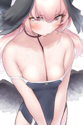1girl absurdres bare_shoulders black_hat black_wings blue_archive blush breasts cleavage commentary_request hat highres kijibato_123-gou koharu_(blue_archive) looking_at_viewer low_wings medium_hair one-piece_swimsuit pink_eyes pink_hair simple_background small_breasts solo swimsuit tears twintails wet white_background winged_hat wings