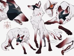 animal animal_ears animal_focus animal_hands bluesky_username body_markings chilfa_112 covered_face disembodied_eye dog dog_ears dog_paws from_side full_body highres multicolored_fur multiple_views no_humans original red_eyes red_fur scar scar_across_eye scar_on_face sharp_teeth simple_background slit_pupils teeth twitter_username white_background white_fur