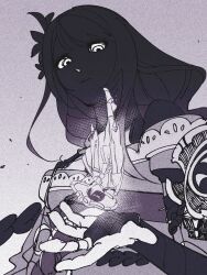 1boy 1girl armor blunt_bangs bridal_gauntlets closed_mouth commentary_request faceless falling from_below full_body genshin_impact gradient_background hair_between_eyes hair_ornament hand_up hat head_tilt highres japanese_clothes kimono long_hair looking_down monochrome mother_and_son neck_ribbon off_shoulder raiden_shogun ribbon sash scaramouche_(genshin_impact) short_hair shoulder_armor simple_background sujin8258 upper_body upside-down wanderer_(genshin_impact)