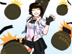 1girl belt belt_buckle black_belt black_gloves black_hair buckle closed_eyes commentary devil_may_cry_(series) devil_may_cry_5 english_commentary explosive eyewear_around_neck fingerless_gloves gloves goggles goggles_around_neck grenade grenade_launcher grenade_pin jbbetz lady_(devil_may_cry) navel parted_lips pink_lips pouch scar scar_on_face short_hair simple_background smile solo standing throwing waving weapon weapon_on_back white_background zipper
