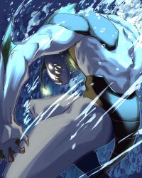 1boy afdsbm air_bubble alien ben_10 bubble claws colored_skin commentary dorsal_fin english_commentary fins glowing glowing_eyes grey_skin highres male_focus merman monster_boy muscular no_humans pelvic_curtain ripjaws sharp_teeth solo teeth underwater water yellow_eyes yellow_teeth