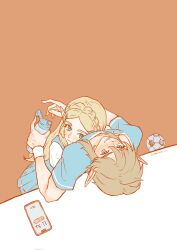 1boy 1girl assertive_female ball bottle cellphone hetero hug lilysun1030 link nintendo phone pointy_ears princess_zelda school_uniform smartphone soccer_ball the_legend_of_zelda water_bottle