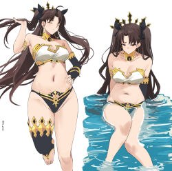 1girl absurdres ahoge bikini breasts brown_hair cleavage collarbone commentary earrings elbow_gloves fate/grand_order fate_(series) gloves gold gold_trim hand_on_own_hip highres hoop_earrings ishtar_(fate) jewelry long_hair medium_breasts mismatched_bikini multiple_views navel neck_ring pinepin pout red_eyes single_elbow_glove single_thighhigh sitting soaking_feet solo stomach swimsuit thighhighs two_side_up very_long_hair water