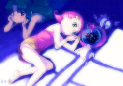 2girls barefoot blue_dress camisole closed_mouth comet_(comet-san) commentary_request cosmic_baton_girl_comet-san creature dress expressionless flipped_hair green_eyes green_hair hair_ornament hands_on_own_cheeks hands_on_own_face highres long_hair lying meteor_(comet-san) multiple_girls on_side on_stomach parted_bangs pink_camisole pink_hair purple_eyes saeki_shouji short_hair shorts sleeveless sleeveless_dress star_(symbol) star_hair_ornament yellow_shorts