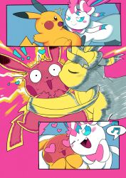 ! !! blush blush_stickers bow closed_eyes dramatic_lighting electricity fang gen_1_pokemon gen_6_pokemon heart heart-shaped_pupils kiss musical_note nintendo no_humans one_eye_closed open_mouth pikachu pink_background pokemon pokemon_(creature) pokemon_focus powerandy ribbon smile sweatdrop sylveon symbol-shaped_pupils wink wrapped_up
