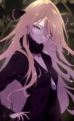 absurdres blonde_hair breasts closed_mouth coat commentary_request cynthia_(pokemon) fur_collar fur_trim grey_eyes hair_ornament hair_over_one_eye highres holding long_hair long_sleeves looking_at_viewer marie_(pixiv59672544) nintendo pokemon pokemon_dppt solo very_long_hair water_drop