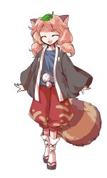 1girl :d ^_^ alphes_(style) animal_ears black_kimono black_sandals blue_shirt closed_eyes commentary_request dairi facing_viewer full_body japanese_clothes kimono large_variant_set leaf leaf_on_head long_hair long_sleeves okobo open_clothes open_kimono open_mouth parody platform_sandals raccoon_ears raccoon_girl raccoon_tail red_shorts sandals shirt shorts smile socks solo standing style_parody tabi tachi-e tail tanuki_mob_(touhou) thick_eyebrows touhou transparent_background variant_set white_socks wide_sleeves