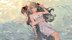 2girls absurdres ahoge black_dress blue_eyes broken_heart broken_heart_hair_ornament brown_hair closed_mouth commentary commission day different_reflection dress english_commentary evil_neuro-sama feet_out_of_frame floating from_above from_side hair_between_eyes hair_ribbon heart highres long_hair looking_at_viewer lying multiple_girls neuro-sama on_back parted_lips partially_submerged petals petals_on_liquid rainbow red_eyes red_ribbon reflection ribbon rose_petals siblings sisters sleeveless sleeveless_dress sorenftt twins vedal_ai virtual_youtuber water white_dress