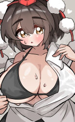 Rule 34 | 1girl, :o, absurdres, black bra, black hair, black skirt, blush, bra, breasts, brown eyes, cleavage, close-up, clothes pull, commentary request, crossed bangs, grey background, hair between eyes, hat, heart, highres, huge breasts, kkfri 2525, looking at viewer, open mouth, pom pom (clothes), pulling own clothes, red hat, shameimaru aya, shirt, shirt pull, short hair, simple background, skirt, sweatdrop, tokin hat, touhou, underwear, upper body, white shirt