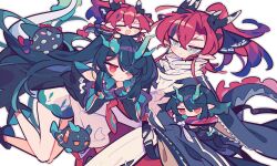 1boy 1girl arknights bare_legs black_hair black_jacket black_shoes blue_eyes blush_stickers brother_and_sister chibi chibi_inset colored_extremities colored_skin commentary_request dragon_boy dragon_bubble_(arknights) dragon_girl dragon_horns dragon_tail dusk_(arknights) feet_out_of_frame full_body green_eyes green_hair green_skirt hair_over_one_eye head_rest horns jacket knee_up looking_at_viewer multicolored_hair nail_polish pants pointy_ears pout red_eyes red_hair shirt shoes siblings simple_background skirt smile streaked_hair tail white_background white_pants white_shirt ym_dpl yu_(arknights)