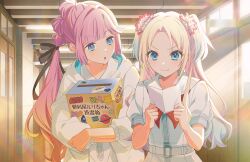Rule 34 | &gt;:), 2girls, :o, anyoji hime, black ribbon, blonde hair, blue eyes, blue hair, box, closed mouth, collarbone, curtained hair, dress, flower, game cg, gradient hair, hair flower, hair intakes, hair ornament, hair ribbon, hallway, highres, holding, holding box, holding paper, hood, hood down, hooded jacket, indoors, jacket, link! like! love live!, long hair, love live!, mira-cra park!, multi-tied hair, multicolored hair, multiple girls, neckerchief, non-web source, official art, open clothes, open jacket, osawa rurino, paper, parted bangs, parted lips, pink flower, pink hair, ponytail, puffy short sleeves, puffy sleeves, red neckerchief, ribbon, sailor collar, sailor dress, school, short sleeves, sidelocks, smile, split mouth, standing, sticker, suggestion box, summer uniform, three-quarter sleeves, twintails, two-tone hair, v-shaped eyebrows, very long hair, virtual youtuber, white dress, white jacket, white sailor collar