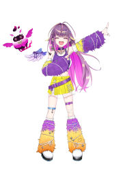 1girl :d absurdres belt bird black_choker blush breasts choker closed_eyes colored_inner_hair commentary_request cuore_0624 detached_sleeves detached_wings feathered_wings full_body fur_leg_warmers fur_sleeves highres leg_warmers long_hair medium_breasts multicolored_hair nanashi_inc. open_mouth purple_belt purple_eyes purple_sleeves purple_sports_bra purple_wings simple_background skirt smile solo sports_bra thigh_strap uruwashi_ririri very_long_hair virtual_youtuber white_background wings yellow_skirt