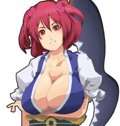 1girl arm_under_breasts black_sash blue_vest breasts coin coin_on_string commentary_request grin hair_bobbles hair_ornament hutene large_breasts looking_at_viewer medium_hair obi obijime onozuka_komachi red_eyes red_hair sash scythe shirt simple_background smile solo touhou two_side_up upper_body vest white_background white_shirt