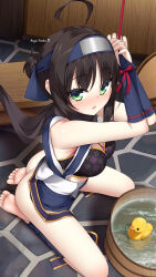 1girl ahoge armpit_crease artist_name ass bare_shoulders barefoot bathroom black_scarf blue_bridal_gauntlets blue_kimono blush bound bound_wrists bow breasts bridal_gauntlets colored_eyelashes commentary english_commentary eyes_visible_through_hair feet floral_print forehead_protector from_above full_body green_eyes hair_between_eyes hands_up heart highres hitachi_mako huge_ahoge indoors japanese_clothes kimono large_breasts looking_at_viewer ninja no_panties nose_blush nyayuu96 open_mouth paid_reward_available ponytail red_bow restrained rubber_duck sash scarf seiza senren_banka short_hair_with_long_locks short_ponytail sitting sleeveless sleeveless_kimono soles solo toes white_sash wrist_bow