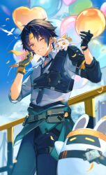 1boy absurdres aqua_jacket asaba_harumasa asaba_harumasa_(cat) asaboo_(zenless_zone_zero) balloon bangboo_(zenless_zone_zero) black_choker black_gloves black_hair black_necktie black_pants blue_sky buckle cat choker clothes_around_waist collared_shirt earrings fang gloves grin headband highres holding holding_balloon jacket jacket_around_waist jewelry looking_at_viewer necktie one_eye_closed pants partially_fingerless_gloves partly_fingerless_gloves railing rena2702 shirt simple_bird sky sleeves_rolled_up smile snap-fit_buckle solo thigh_strap twitter_username white_cat white_shirt yellow_eyes yellow_gloves yellow_headband yugake zenless_zone_zero