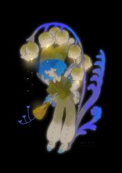 1girl absurdres black_background blue_hair butterfly_wings closed_eyes closed_mouth collared_shirt fairy fairy_wings flower full_body green_hat green_shirt hat highres holding holding_instrument holding_trumpet insect_wings instrument lily_of_the_valley original pants shieriru shirt short_hair simple_background solo sparkle standing trumpet white_pants white_wings wings