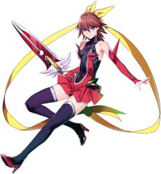 1girl ban!_(bansankan) bare_shoulders black_thighhighs blue_eyes boots breasts brown_hair closed_mouth covered_collarbone covered_navel detached_sleeves dress elbow_gloves full_body game_cg gloves hair_between_eyes hair_ribbon halterneck high_heel_boots high_heels holding holding_sword holding_weapon leotard looking_at_viewer magical_girl mahou_shoujo_ai official_art red_dress red_hair red_sleeves ribbon rin_(mahou_shoujo_ai) shiny_clothes short_dress short_hair skin_tight skirt small_breasts smile solo sword thighhighs transparent_background turtleneck weapon yellow_ribbon zettai_ryouiki