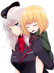 Rule 34 | 10s, 2girls, black gloves, black hat, black jacket, blonde hair, blue eyes, carrying, closed mouth, dress shirt, from side, garrison cap, girls und panzer, gloves, han (jackpot), hat, itsumi erika, jacket, katyusha (girls und panzer), kuromorimine military uniform, light smile, long hair, long sleeves, looking at another, looking back, military, military hat, military uniform, multiple girls, nose bubble, open mouth, piggyback, pravda military uniform, red shirt, shirt, short hair, short jumpsuit, sigh, silver hair, simple background, sleeping, standing, upper body, white background