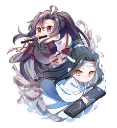 Rule 34 | 2boys, ahoge, black hair, black hanfu, bone, chibi, chibi only, chinese clothes, closed mouth, dated, dizi, floating hair, flute, flute tassel, guqin, hair ribbon, hanfu, headband, high ponytail, holding, holding flute, holding instrument, instrument, kimako (kimako 8), lan wangji, long hair, long sleeves, looking at viewer, male focus, modao zushi, multiple boys, music, playing flute, playing instrument, ponytail, red eyes, red ribbon, ribbon, robe, rock, sidelocks, simple background, skeleton, sleeves past wrists, tassel, topknot, transverse flute, twitter username, water drop, watermark, wei wuxian, white background, white hanfu, white headband, white petals, wide sleeves, xiao guan (headdress), yellow eyes