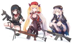 3girls absurdres ar70_(girls&#039;_frontline) assault_rifle beret beretta_ar70/90 beretta_bm_59 beretta_m12 bipod blonde_hair blue_eyes bm59_(girls&#039;_frontline) girls&#039;_frontline green_eyes gun hat highres holding holding_gun holding_weapon long_hair looking_at_viewer m12_(girls&#039;_frontline) martinreaction multiple_girls on_one_knee red_eyes rifle side_ponytail squatting submachine_gun thigh_strap twintails very_long_hair weapon white_background