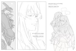 2girls blush closed_eyes closed_mouth commentary_request fujino_shizuru fuuka_academy_school_uniform guri_gom highres hug jacket kiyohime_(my-hime) korean_commentary korean_text kuga_natsuki long_hair multiple_girls my-hime open_mouth pleated_skirt school_uniform skirt smile translation_request yuri