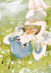 1girl absurdres antennae bag barefoot blue_eyes blue_hair bread butterfly_wings closed_mouth fairy fairy_wings field flower food full_body highres holding holding_bag insect_wings looking_at_viewer lying original shieriru shirt short_hair shorts solo white_flower white_shirt white_shorts white_wings wings wrist_cuffs
