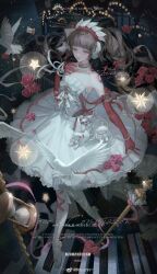 1girl bird brown_hair commentary_request dress elbow_gloves flower gloves highres long_hair looking_at_viewer original ribbon rose solo tolu_ya twintails white_dress