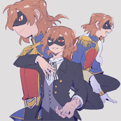 Rule 34 | 1girl, aiguillette, aijou karen, belt, belt buckle, black jacket, black pants, black suit, blue jacket, brown hair, buckle, buttons, cape, chinese commentary, closed mouth, collared jacket, dress shirt, epaulettes, formal clothes, fur-trimmed cape, fur trim, gloves, grey background, highres, jacket, lapels, long sleeves, looking ahead, looking at viewer, mask, masquerade mask, multicolored jacket, multiple views, neck ribbon, notched lapels, official alternate costume, on one knee, one-eyed, one eye covered, open clothes, open jacket, open mouth, pants, parted lips, profile, rei931218, ribbon, shirt, short hair, shoujo kageki revue starlight, side cape, simple background, smile, striped ribbon, suit, tassel, teeth, tuxedo, two side up, upper teeth only, vest, waistcoat, white gloves, white shirt, yellow belt, yellow sleeve cuffs, yellow trim